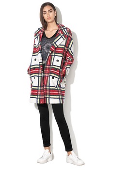 DESIGUAL, Palton din amestec de lana, cu model in carouri Dorian, Bej/Rosu/Verde DESIGUAL, Palton din amestec de lana, cu model in carouri Dorian, Bej/Rosu/Verde