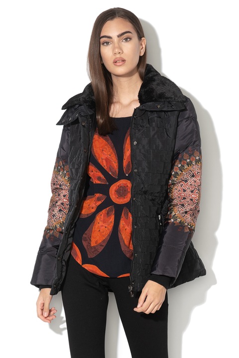 DESIGUAL, Jacheta cu vatelina si guler de blana sintetica detasabil Aggu, Negru