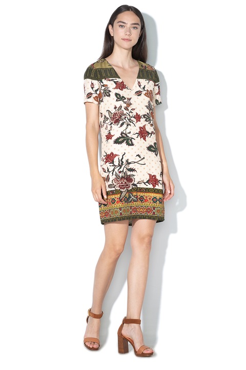 DESIGUAL, Rochie lejera cu model floral, Verde/Visiniu/Crem, XL