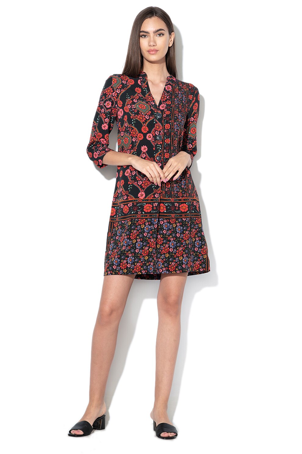 DESIGUAL, Rochie tip tunica cu fenta lunga cu nasturi Valeria, Multicolora