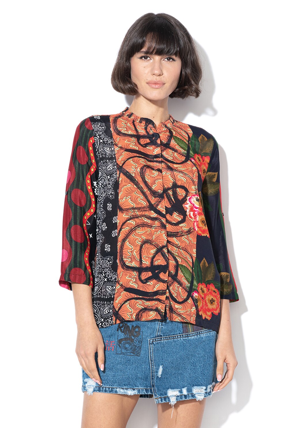 DESIGUAL, Camasa cu imprimeu floral si geometric Jenica, Multicolora