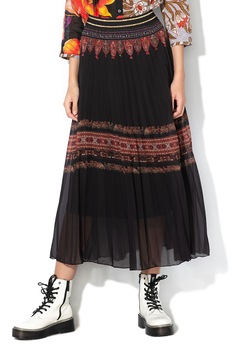 DESIGUAL, Fusta midi cu imprimeu si pliuri Alexandra, Negru/Maro DESIGUAL, Fusta midi cu imprimeu si pliuri Alexandra, Negru/Maro