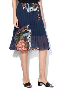 DESIGUAL, Fusta midi cu pliuri si imprimeu floral Fabiola, Albastru marin DESIGUAL, Fusta midi cu pliuri si imprimeu floral Fabiola, Albastru marin