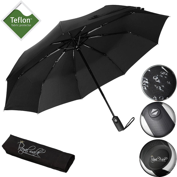 Royal Walk Luxus Férfi Összecsukható Esernyő, automatikus nyitással és zárással, nőknek és férfiaknak, Szélálló, Vízhatlan, 102 cm, Fekete
