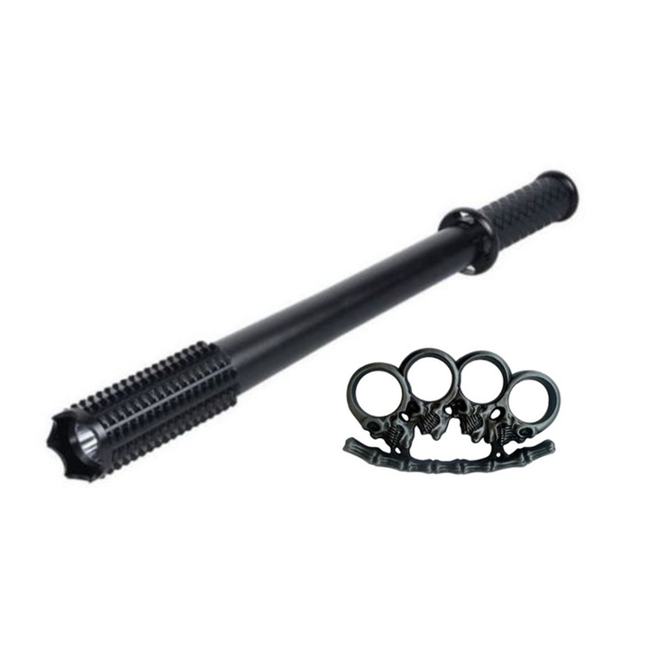 Pachet autoaparare format din baston cu electrosoc, 43 cm, cu lanterna 3 faze iluminare si box metalic tip rozeta Gri Pumnal BRT-036