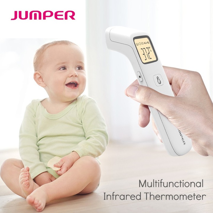 Termometru copii infrarosu Jumper® FR203 non contact Pro, frunte, obiecte, ambient, masurare rapida, silent modem testat clinic, slim, husa si baterii incluse, alb