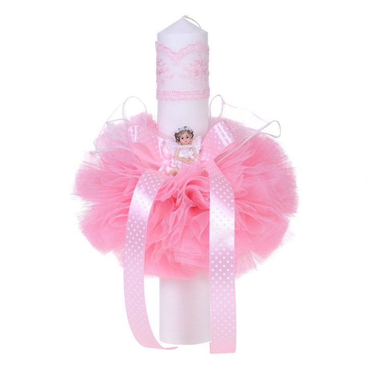 Lumanare botez pentru fetita dantela roz, tul si ingeras Erfi® 5