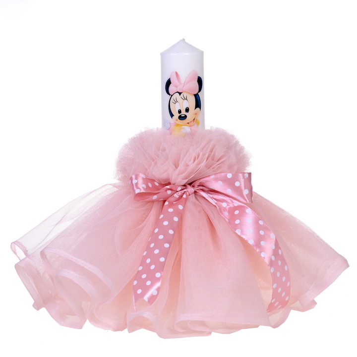 Lumanare botez dusty rose pentru fetite cu rochita si fundita cu buline Erfi® 21