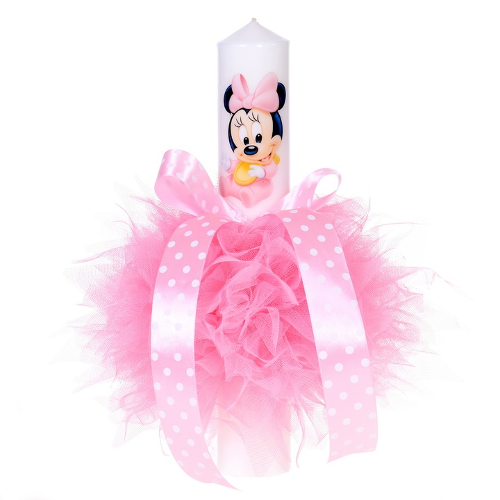 Lumanare botez pentru fetita roz cu tul ciufulit si fundita cu buline Erfi® 25
