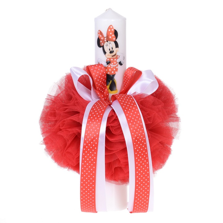 Lumanare botez pentru fetita cu tul rosu si fundita cu buline Erfi® 27