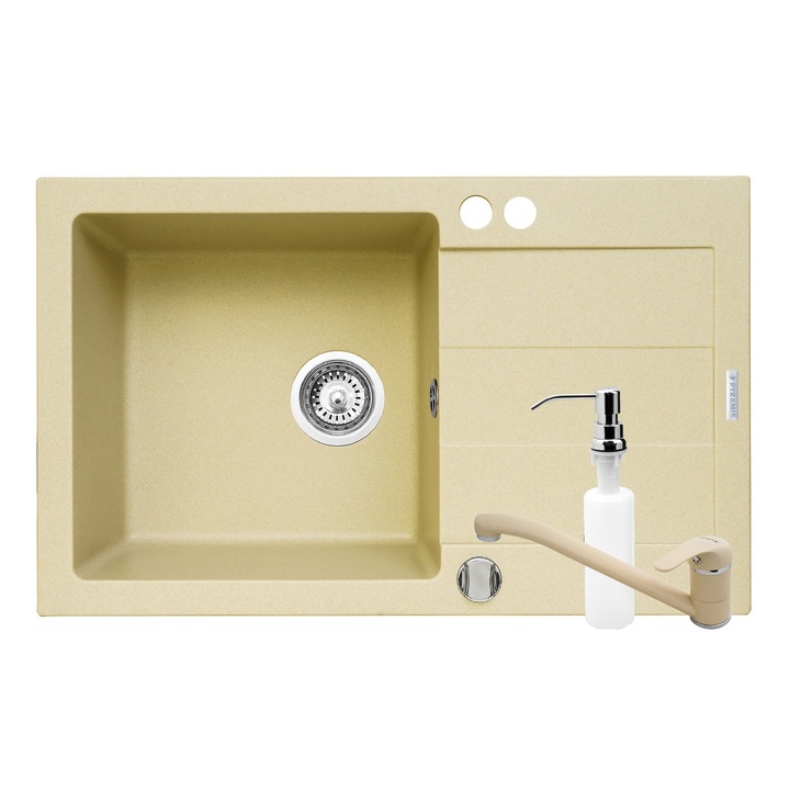 Set 3in1 chiuveta granit Pyramis Cristal PLUS, baterie si dispersor detergent lichid, 780x480mm, adancime 190mm, montare pe blat, cuva stanga, Vanilla