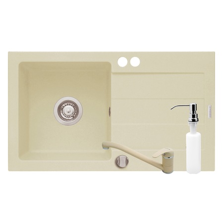 Set 3in1 chiuveta granit Pyramis Cristal, baterie si dispersor detergent lichid, 760x440mm, adancime 170mm, montare pe blat, cuva stanga, Vanilla