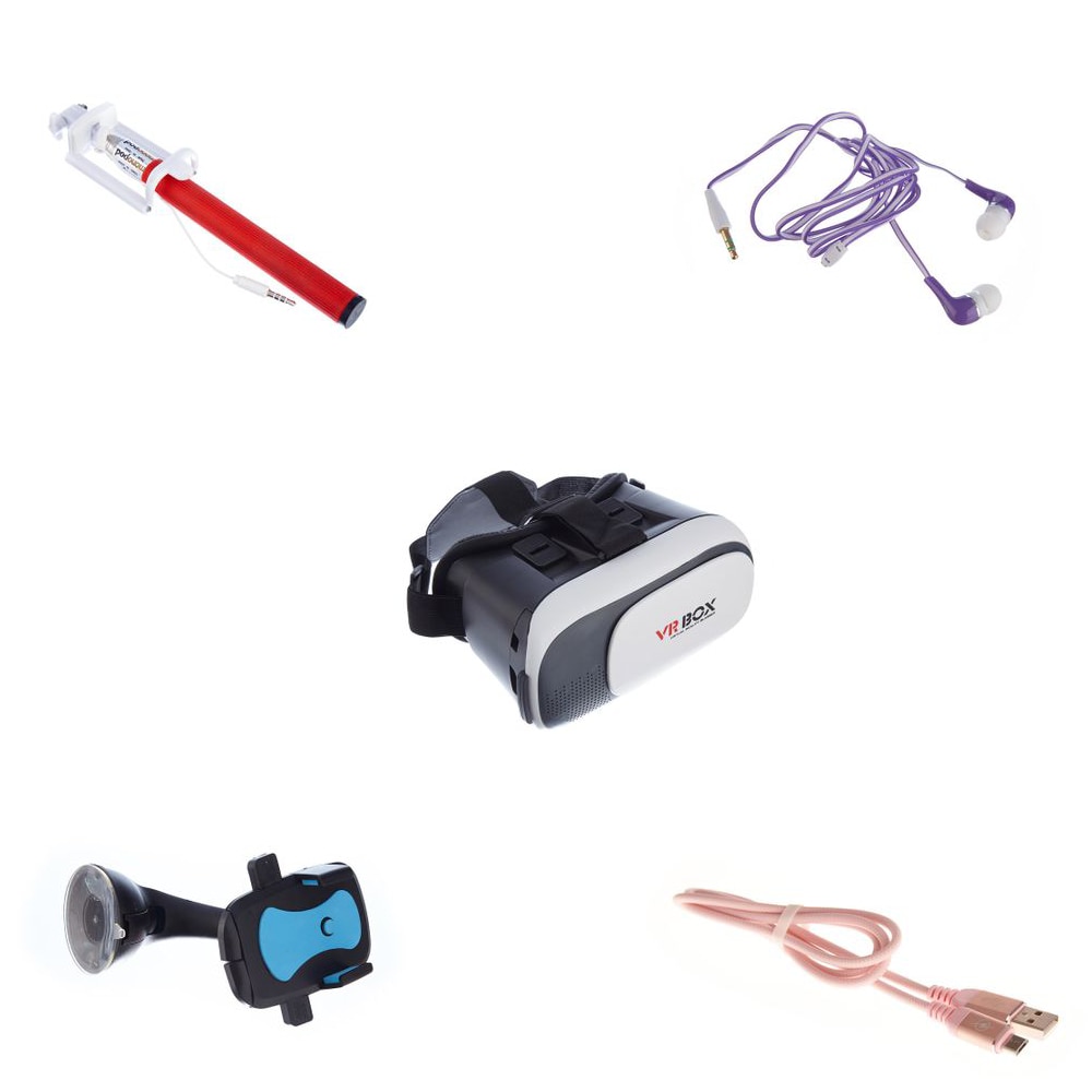 Set Suport auto, universal, ventuza, latime 45-95, VR Box X2, Selfie Stick Fir, 95 cm, Cablu de date Gumat Fast Charger MicroUSB 2.1 A, J-17, Casti Audio Bass S039