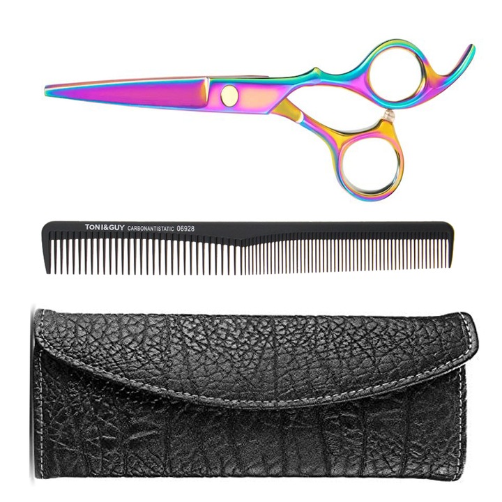 Foarfeca de tuns profesionala cameleon Gerry marime 6 si pieptan carbon frizerie salon cu geanta depozitare