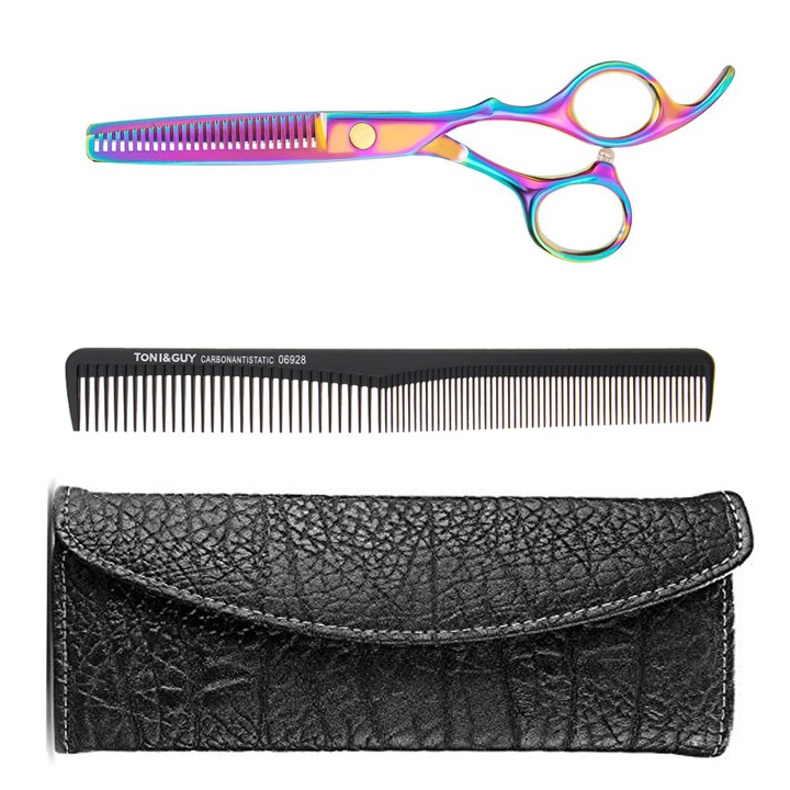 Foarfeca de filat profesionala cameleon Alby marime 6 si pieptan carbon pentru frizerie salon cu geanta depozitare