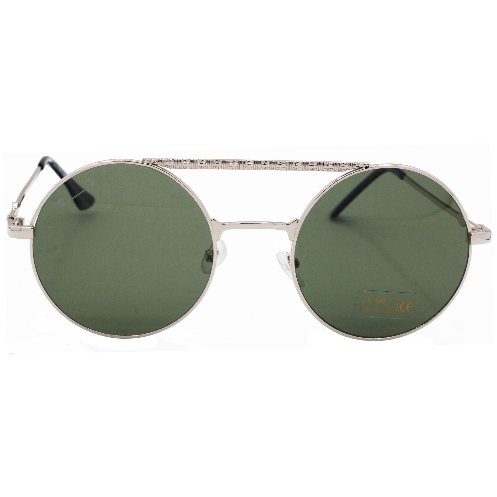 Ochelari de soare, dama, Circles Matteo Ferari, toc si laveta, culoare argintiu/negru, UV400, lentile verde inchis, rama argintie cu accente negre