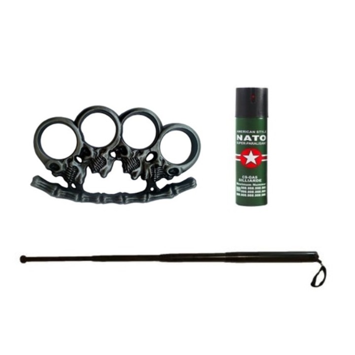 Pachet autoaparare foramt din baston telescopic negru din metal, spray paralizant BRT- 0345 si box metalic tip rozeta gri model crani