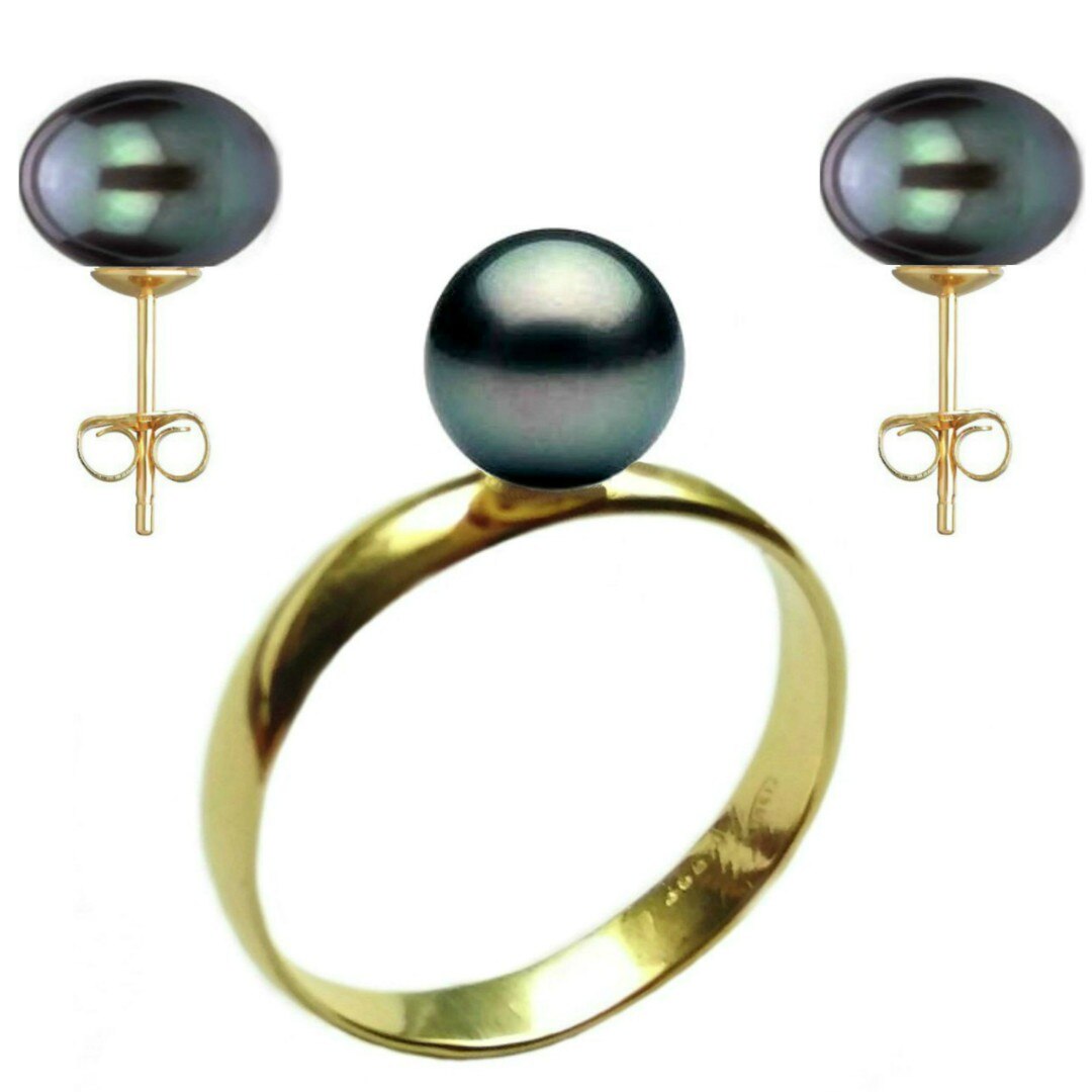 Set Aur Cercei cu Surub si Inel cu Perle Naturale Negre de 8 mm, marimea 19,8 mm
