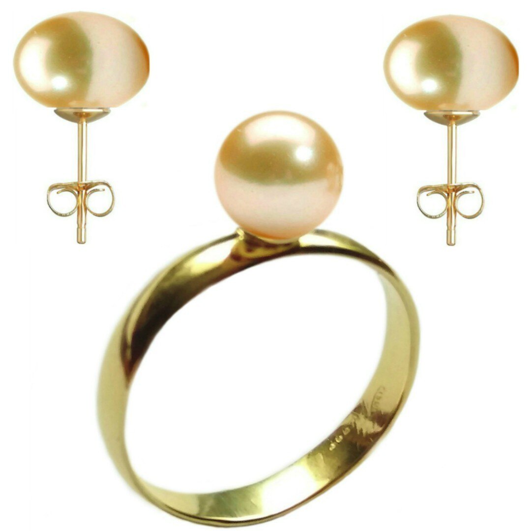 Set Aur Cercei cu Surub si Inel cu Perle Naturale Crem de 8 mm, marimea 20,6 mm