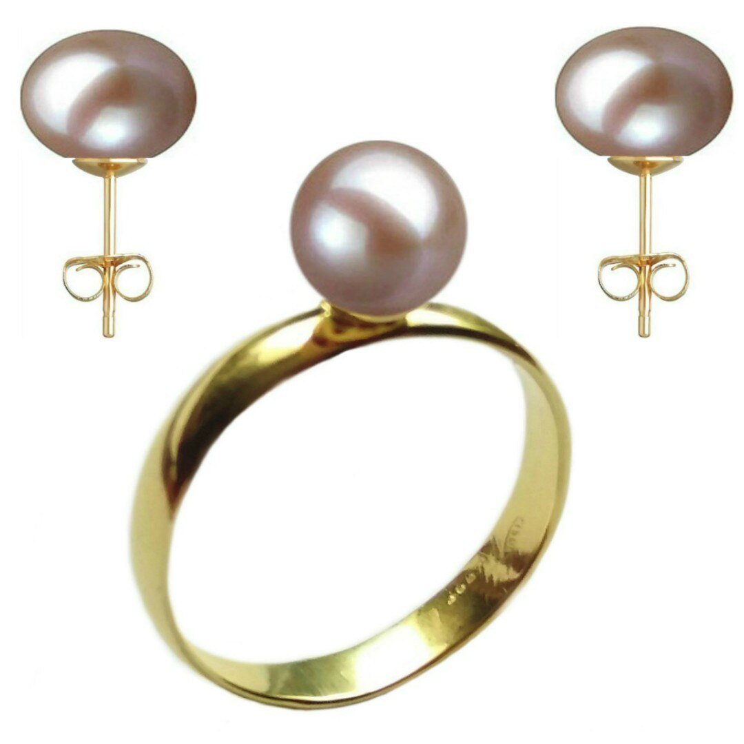 Set Aur Cercei cu Surub si Inel cu Perle Naturale Lavanda de 8 mm, marimea 20,6 mm
