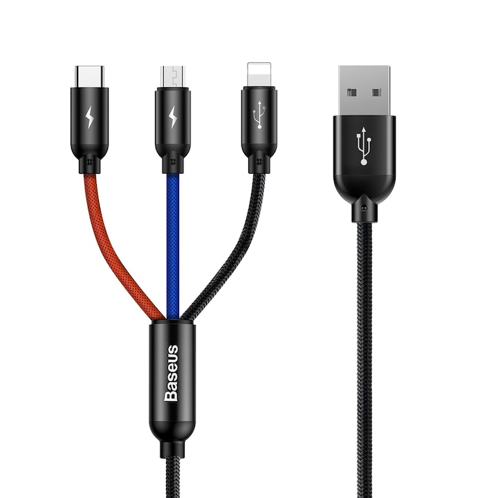 Baseus 3 az 1-ben adat- és töltőkábel, Rendkívül ellenálló, USB-C típusú USB-C iPhone Lightning és MicroUSB