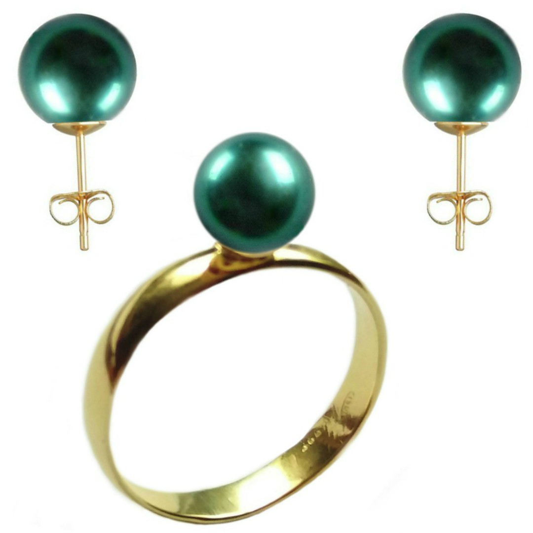 Set Aur Cercei cu Surub si Inel cu Perle Naturale Premium Verde Smarald de 8 mm, marimea 20,6 mm