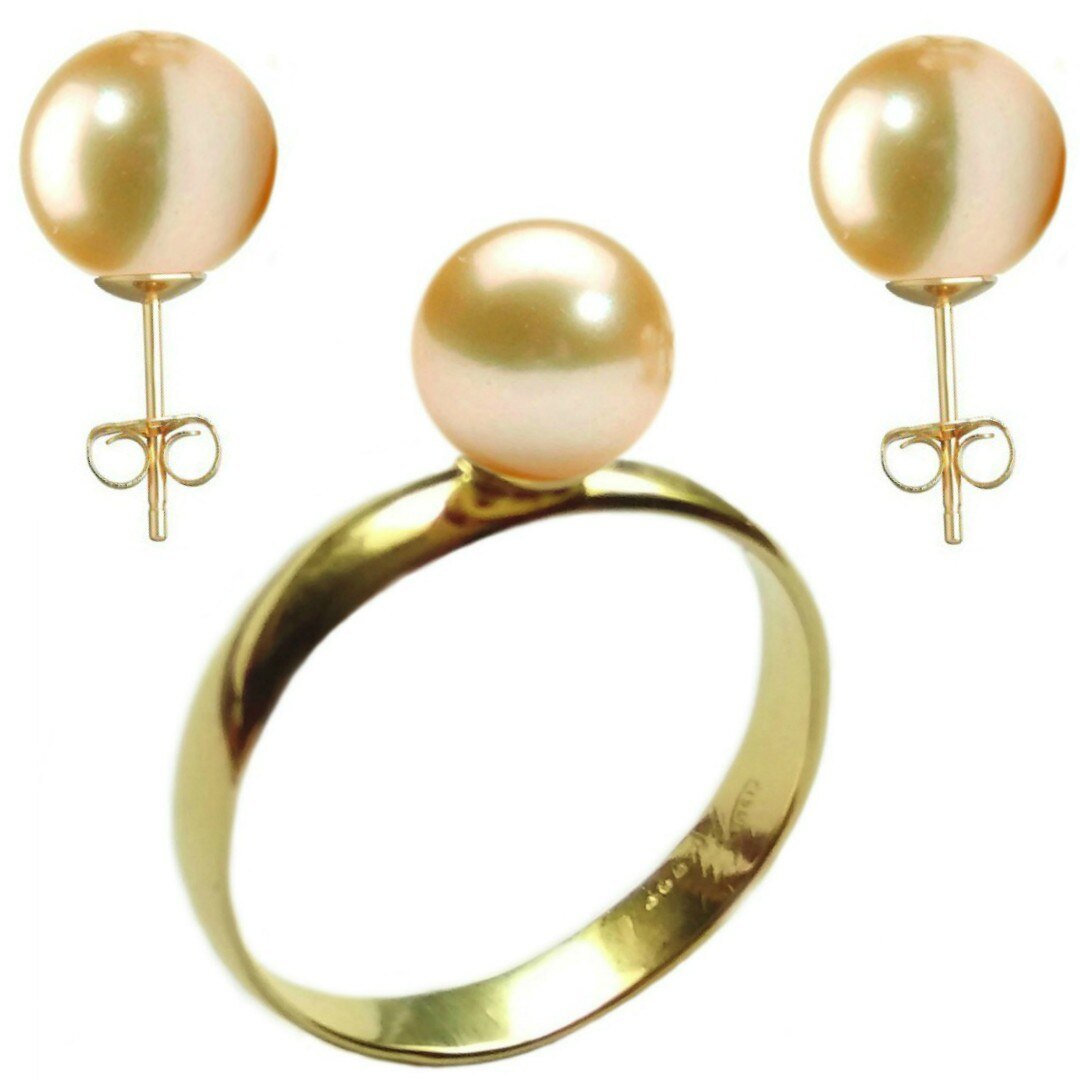 Set Aur Cercei cu Surub si Inel cu Perle Naturale Premium Crem de 8 mm, marimea 16,5 mm