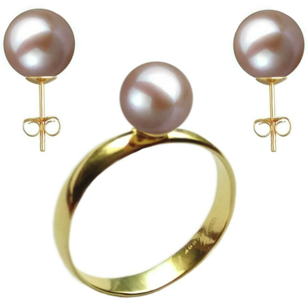 Set Aur Cercei cu Surub si Inel cu Perle Naturale Premium Lavanda de 8 mm, marimea 17,3 mm