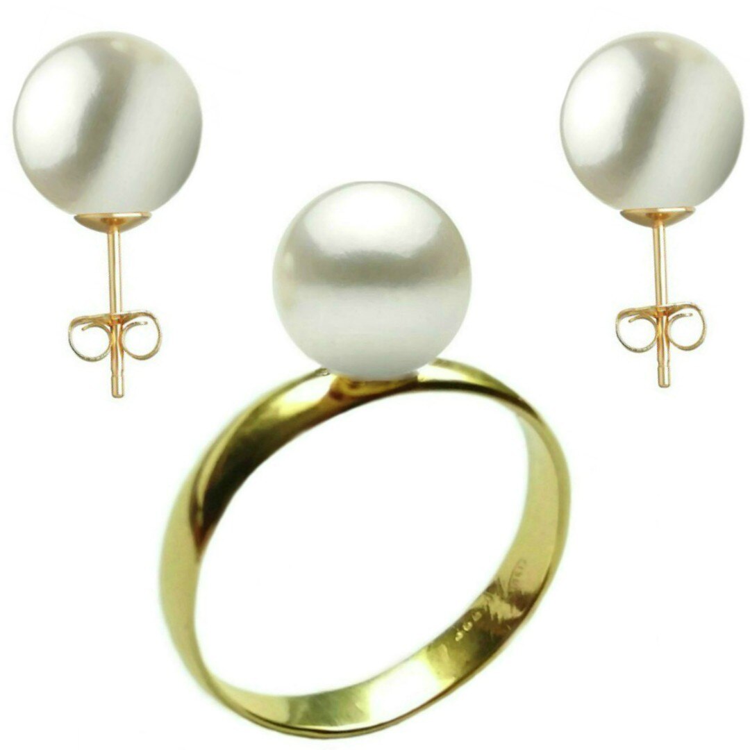Set Aur Cercei cu Surub si Inel cu Perle Naturale Premium Albe de 10 mm, marimea 15,7 mm