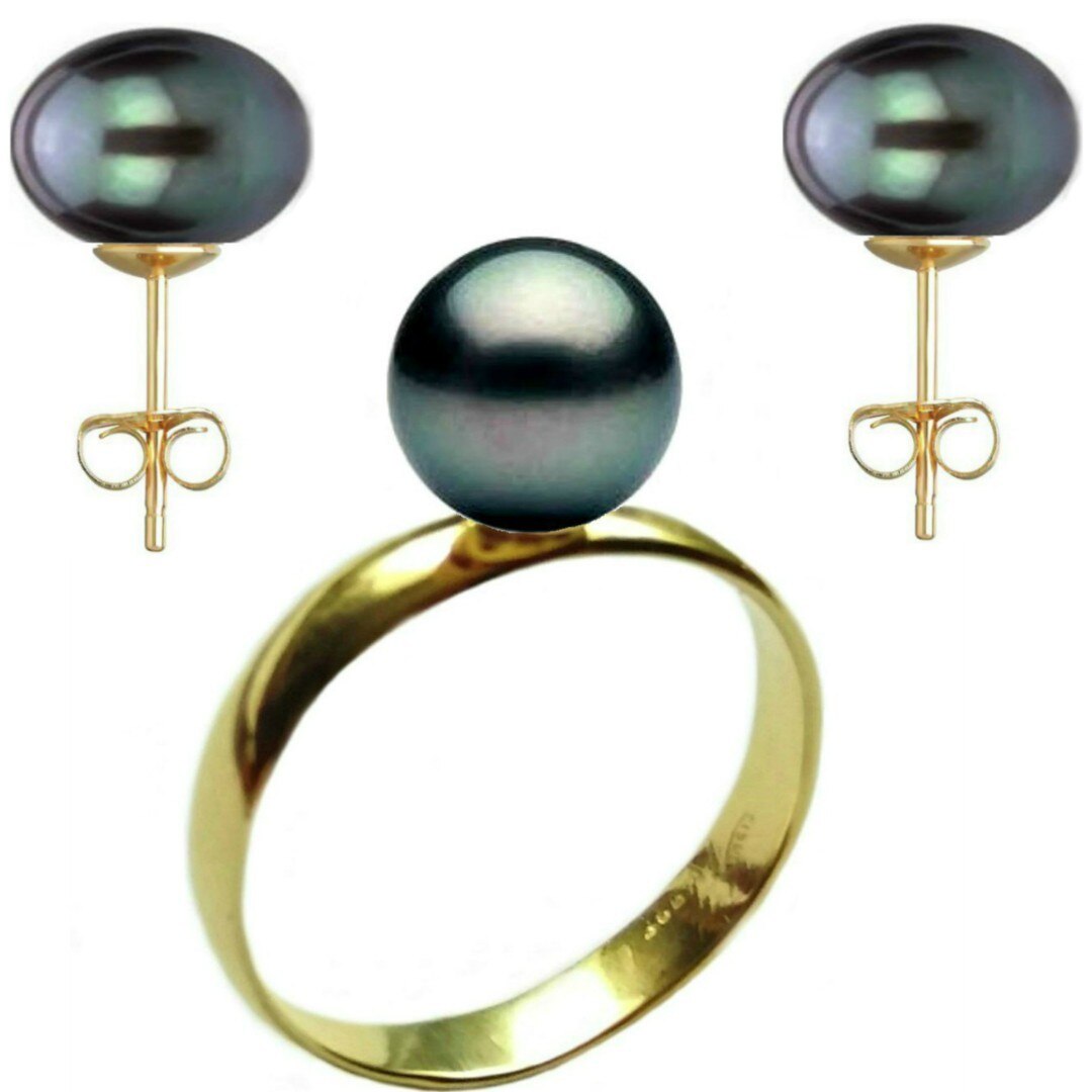 Set Aur Cercei cu Surub si Inel cu Perle Naturale Negre de 10 mm, marimea 18,9 mm