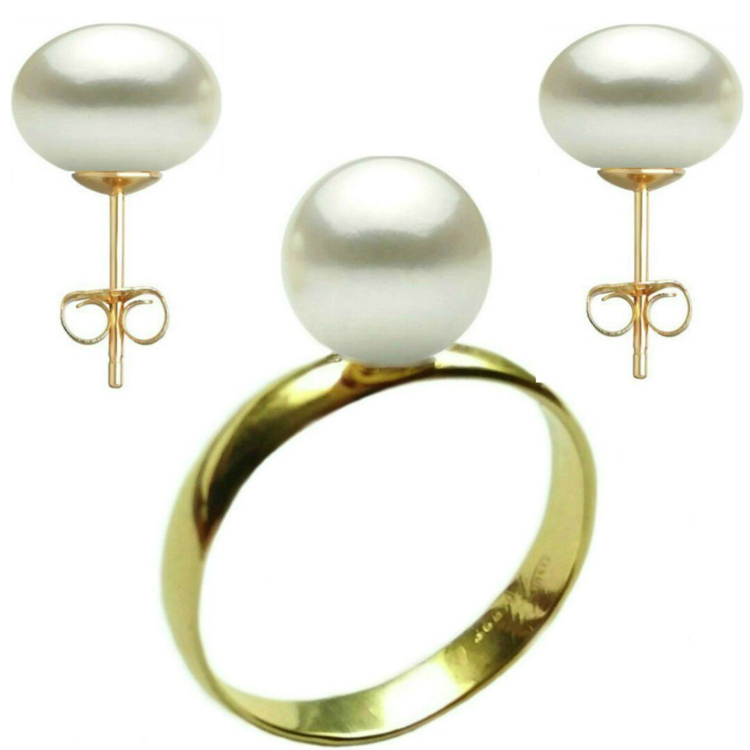 Set Aur Cercei cu Surub si Inel cu Perle Naturale Albe de 10 mm, marimea 17,3 mm