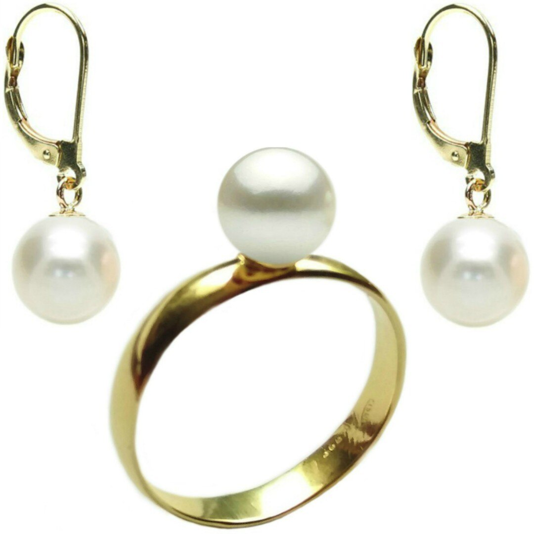 Set Aur Cercei cu Tortita Inchisa si Inel cu Perle Naturale Premium Albe de 8 mm, marimea 18,2 mm