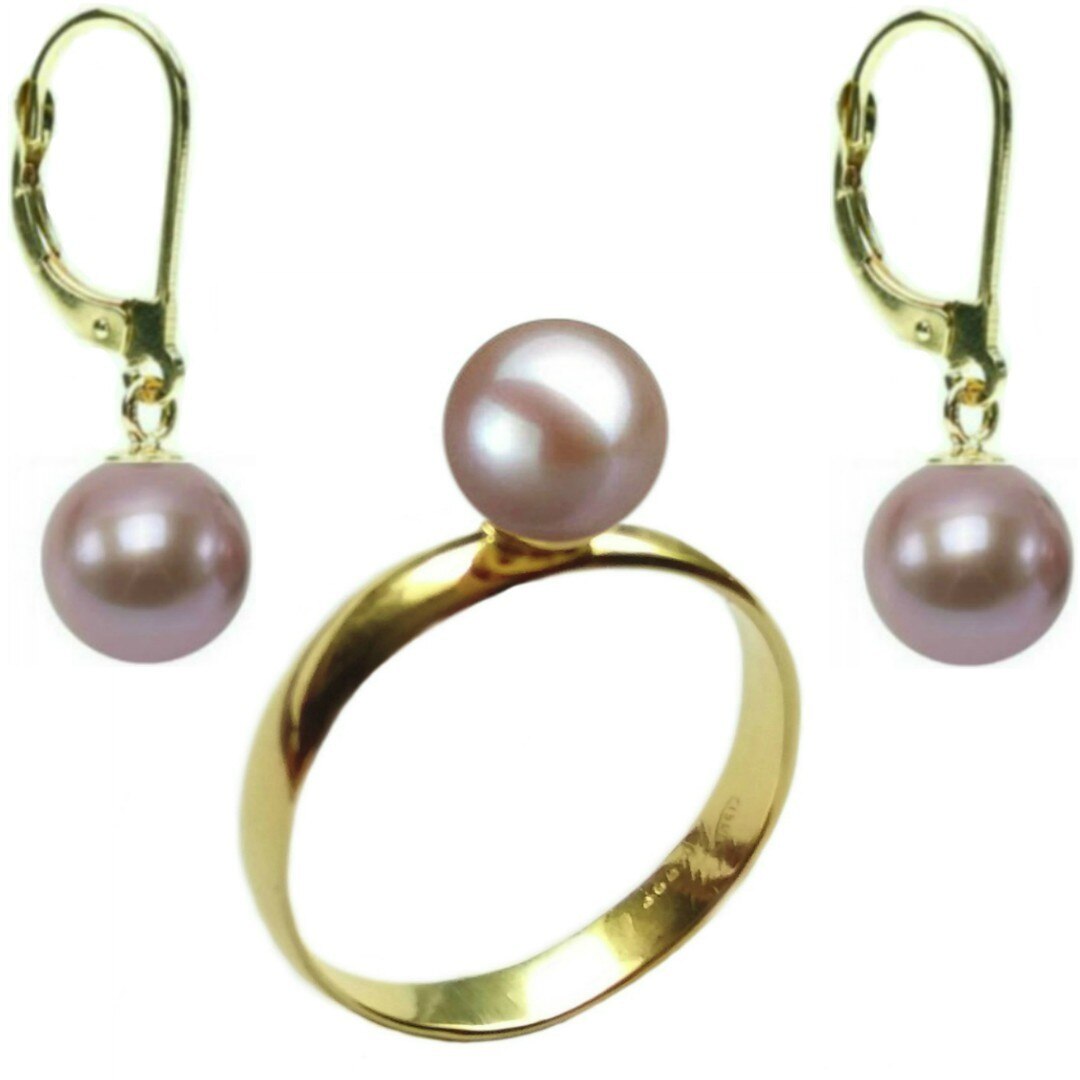 Set Aur Cercei cu Tortita Inchisa si Inel cu Perle Naturale Premium Lavanda de 8 mm, marimea 20,6 mm