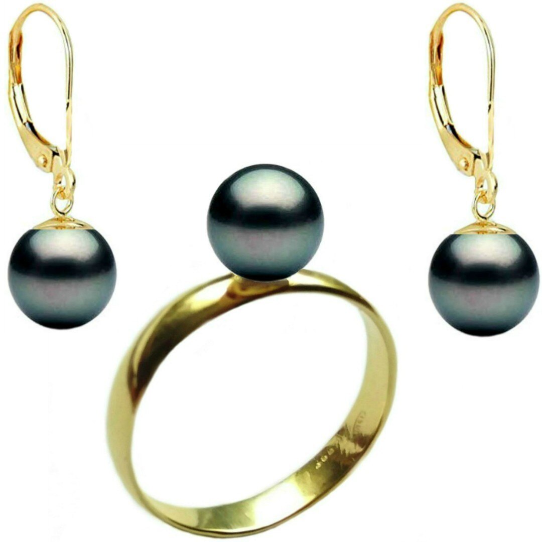 Set Aur Cercei cu Tortita Inchisa si Inel cu Perle Naturale Premium Negre de 8 mm, marimea 20.6 mm