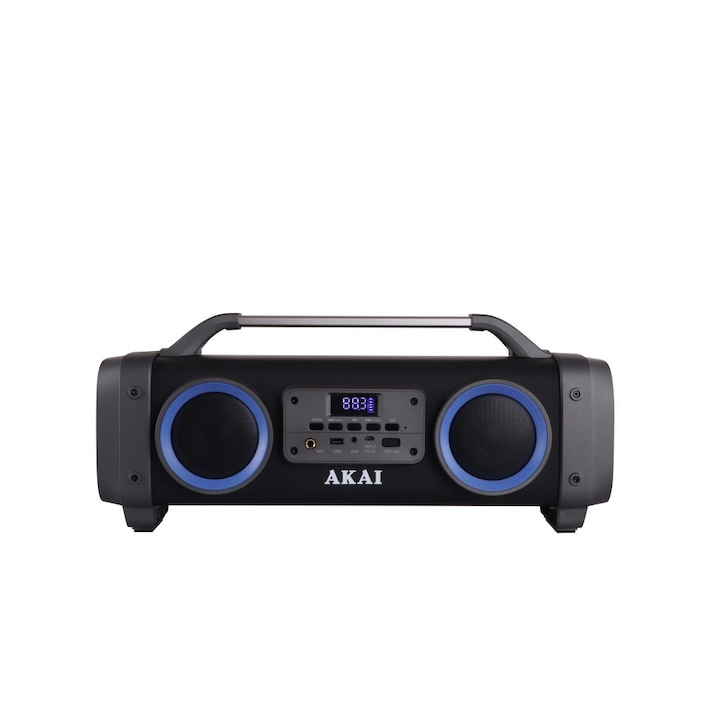 AKAI, Hordozható hangszóró, 4 hangszóró, 30 W teljesítmény, kijelző, karaoke, AUX 3,5 mm, Bluetooth 5.0, USB, hordozó fogantyú, FM rádió, akkumulátor 3600 mAh, fekete
