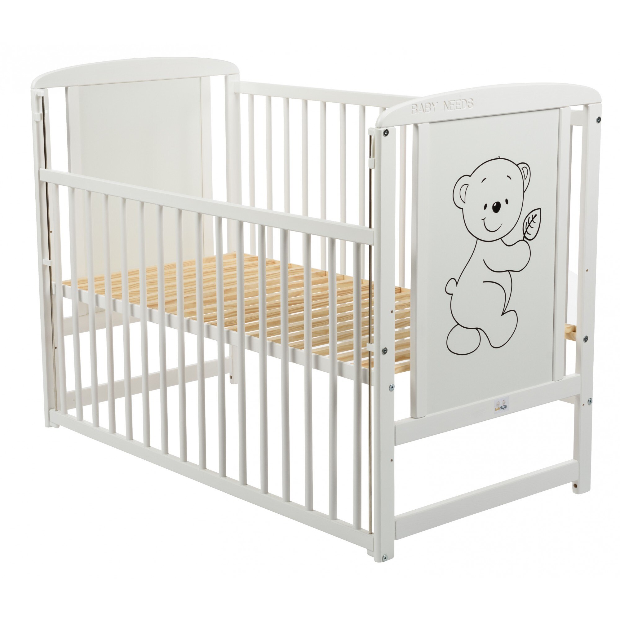 Patut din lemn, BabyNeeds, Timmi, cu laterala culisanta, Cu laterala culisanta, Din lemn de pin si mdf, Stabil si rezistent, Inaltime saltea reglabila pe 3 nivele, Laterala cu 3 bete detasabile, 120x60 cm, Alb