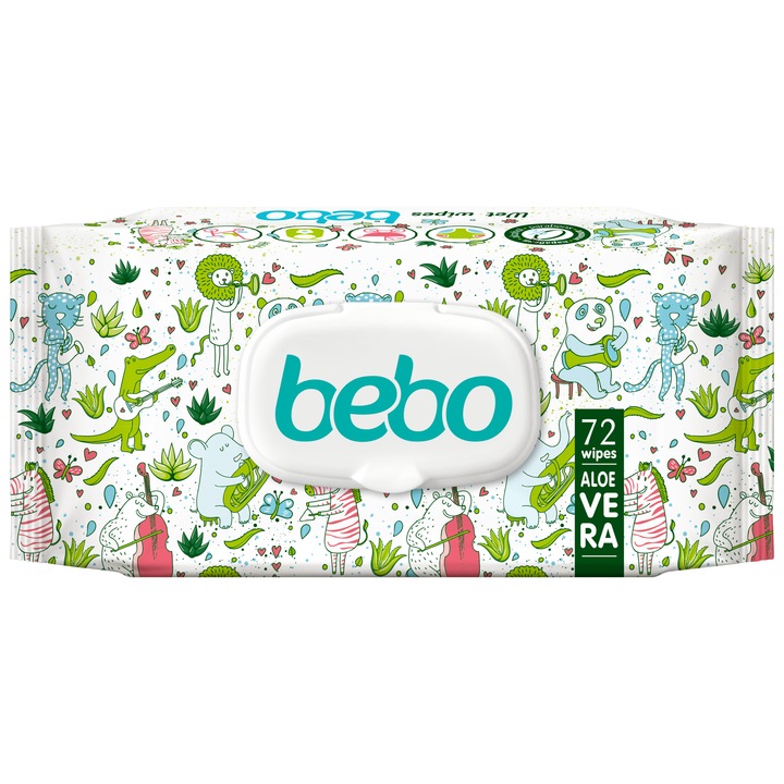 Влажни кърпички Bebo с екстракт от алое вера, капак, 72 бр