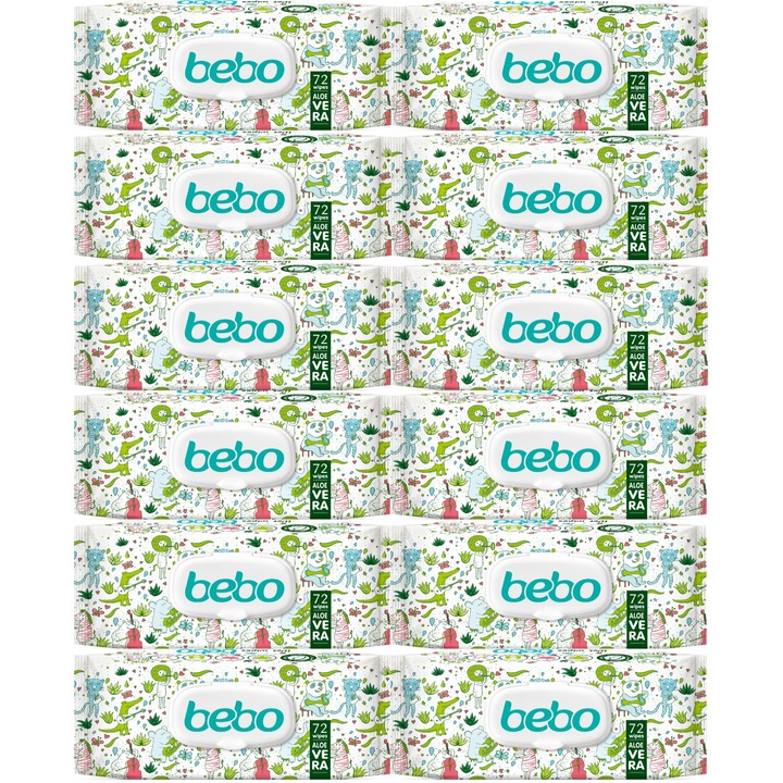 Влажни кърпички Bebo с екстракт от алое вера, капак, 11 пакета + 1 подарък, 72 бр