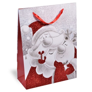 Punga cadou cu imprimeu desen ren si Mos Craciun, Lioness, 18 x 24 x 8 cm Punga cadou cu imprimeu desen ren si Mos Craciun, Lioness, 18 x 24 x 8 cm