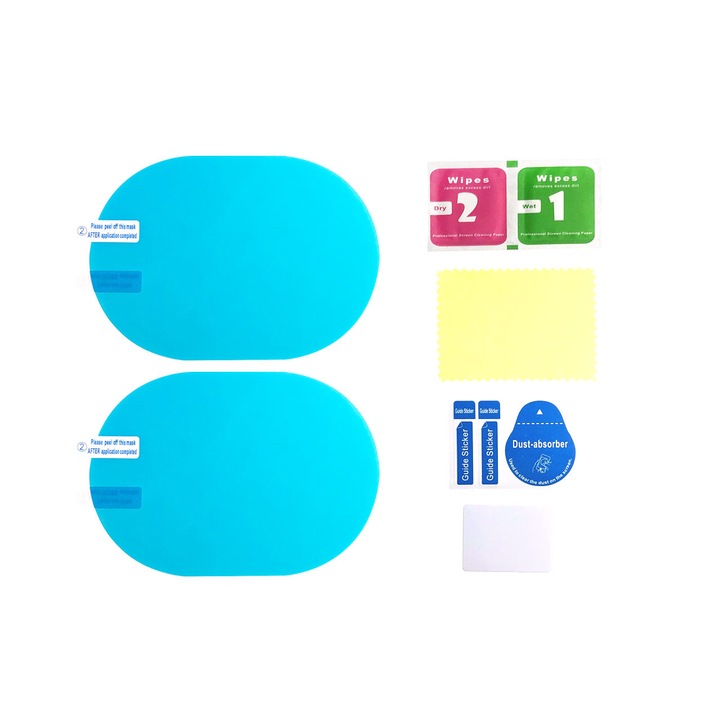 Set 2 folii protectie universala, ovala, anti apa si aburire, transparenta pentru oglinzi auto 135x95 mm, grosime 0.15mm