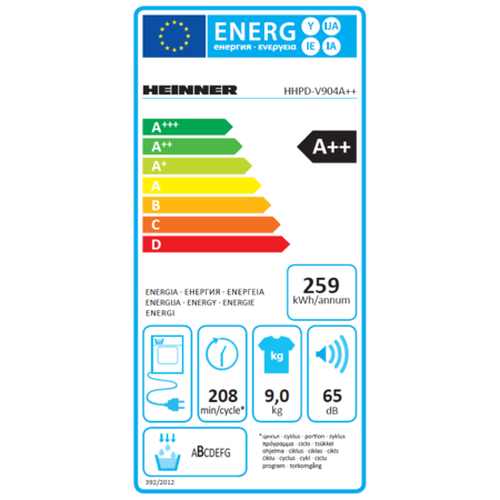 Uscator de rufe Heinner HHPD-V904A++, Pompa de caldura, 9 kg, 15 programe, Clasa A++, Display LED, Lumina cuva, Alb