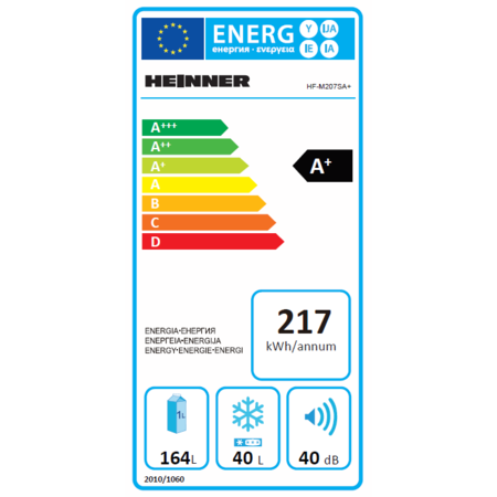 Frigider cu doua usi Heinner HF-M207SA+, 204 l, Clasa A+, Iluminare LED, Control mecanic, H 144 cm, Argintiu