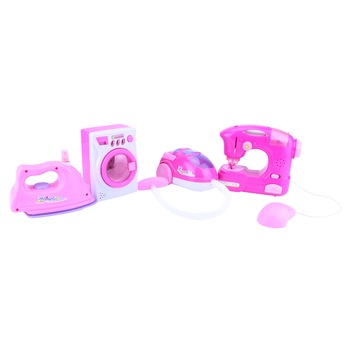 Set Electrocasnice, Masina de cusut, Fier de calcat, Masina de spalat, Aspirator,Luminite/Muzica, Roz, 40 cm Set Electrocasnice, Masina de cusut, Fier de calcat, Masina de spalat, Aspirator,Luminite/Muzica, Roz, 40 cm
