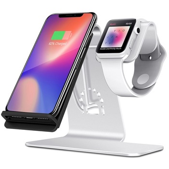 Stand de incarcare wireless 2 in 1 pentru iPhone si iWatch, din aluminiu Stand de incarcare wireless 2 in 1 pentru iPhone si iWatch, din aluminiu