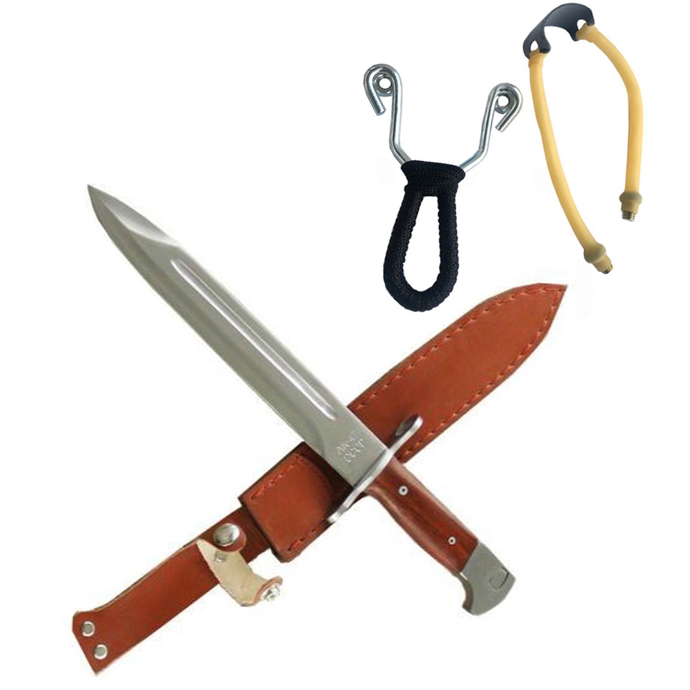 Pachet cutit baioneta inscriptionat AK-47 CCCP 34,5 cm cu teaca + prastie metalica de buzunar cu cauciuc natural, latex, rezistent