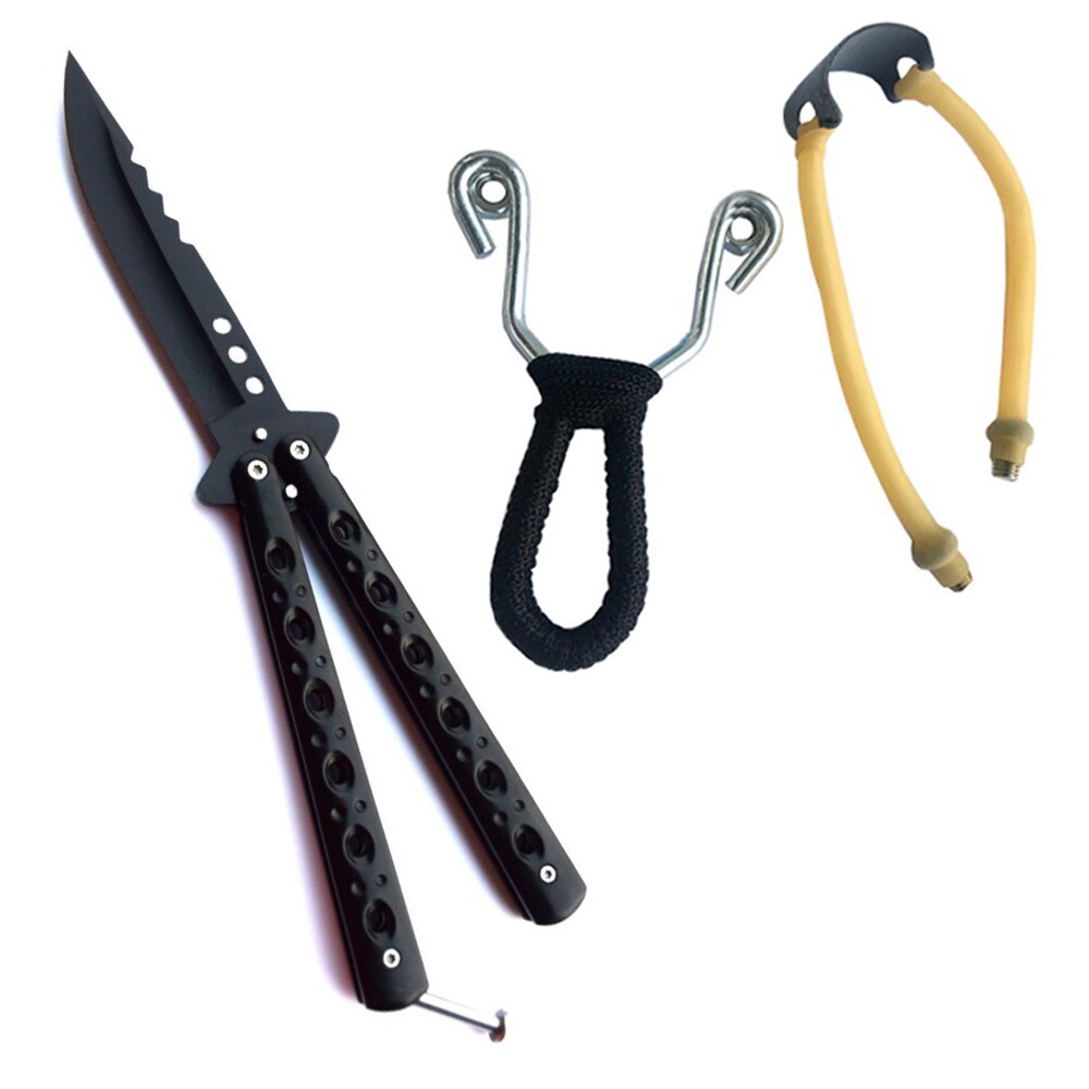 Pachet cutit butterfly, briceag fluture negru 23 cm + prastie metalica de buzunar cu cauciuc natural, latex, rezistent