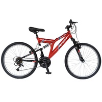 Bicicleta de munte 24 inch RICH Alpin R2449A, cadru full suspension, sistem de franare V-Brake, 18 viteze, culoare rosu / negru