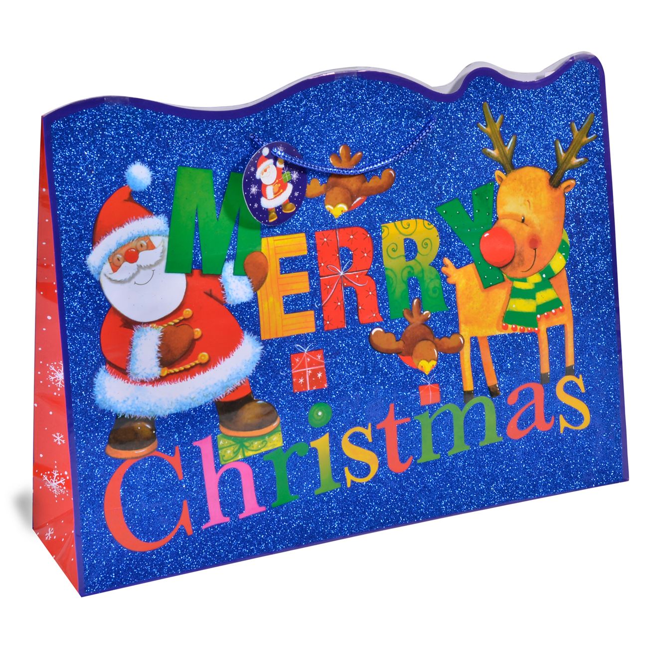 Punga cadou lucioasa cu imprimeu ren si Mos Craciun, Lioness, 33 x 10 x 45 cm