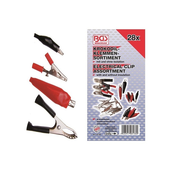 Trusa de cleme crocodil zincate pentru electricieni auto, 28 piese, BGS 8138