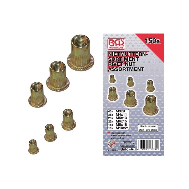 Piulite-nit din otel galvanizat M3-M10, 150 buc, BGS 14126